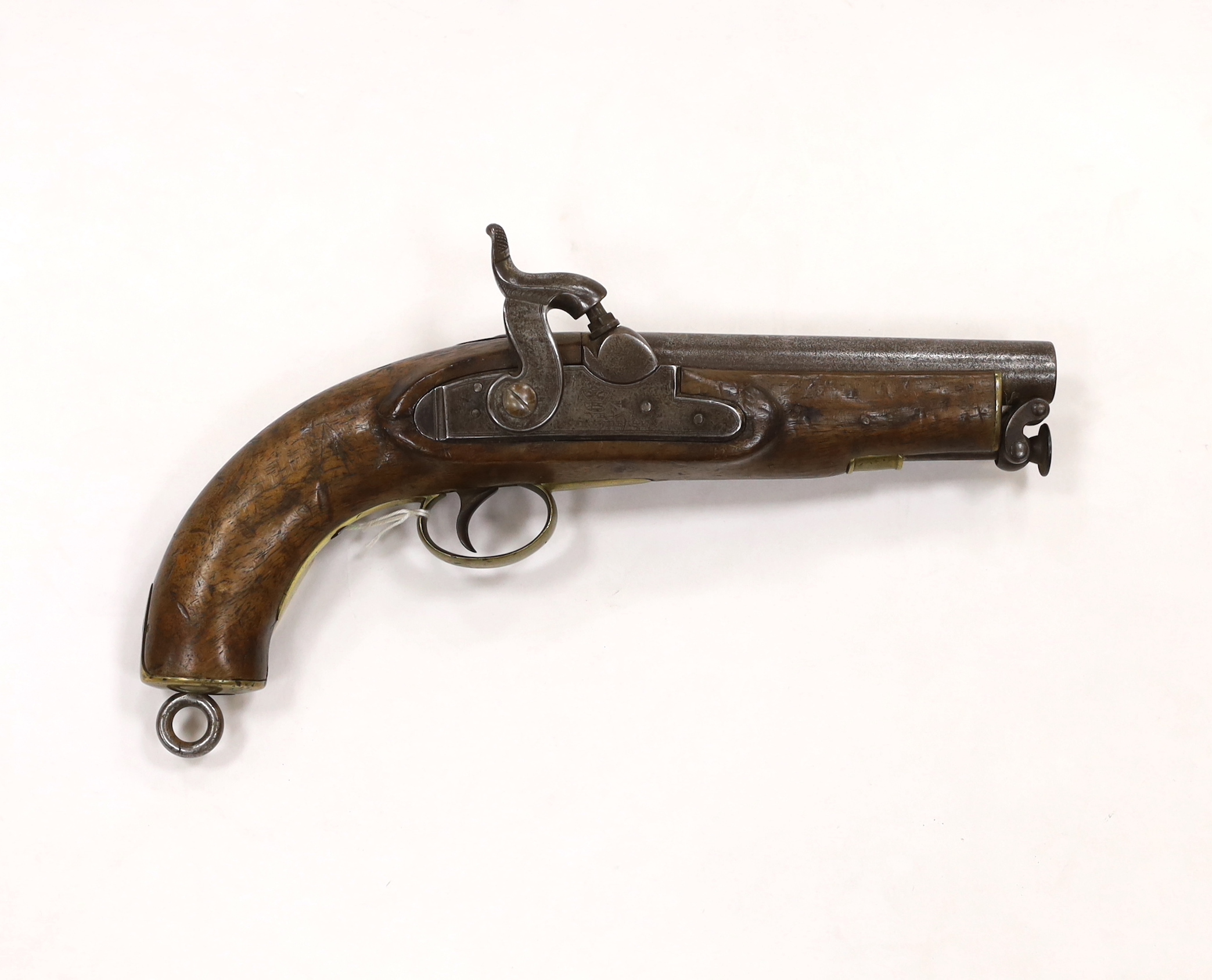 A .65” Sea Service percussion belt pistol, proofed barrel, regulation lock engraved with crowned VR, Tower 1847, regulation brass mounts, sprung iron belt hook, swivel lanyard ring and swivel ramrod